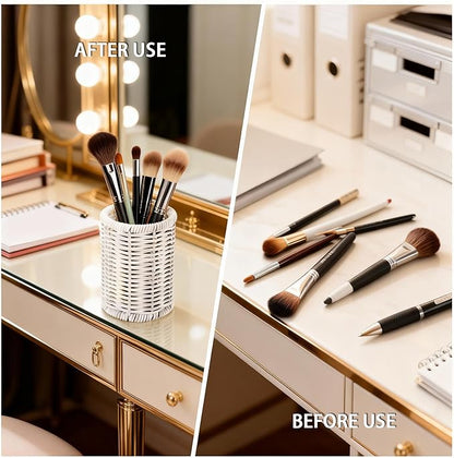 Rattan Jars, Car Storage Box, 4.13" x 4.92" Bathroom Essentials Accessories Decor, Round Vanity Storage Organizers, for Hair Accessories, Cotton Pads, Cotton Ball, Cosmetics, White (DP054)