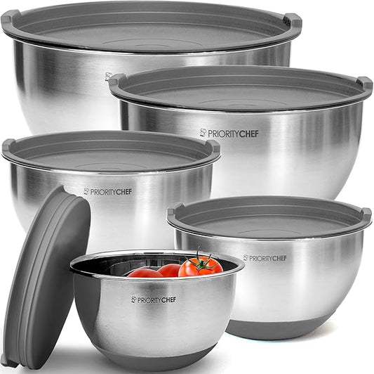 Priority Chef Premium Mixing Bowls With Airtight Lids Set, Thicker Stainless Steel Mixing Bowl Set, Large Prep Metal Bowls with Lids, Nesting Bowls for Kitchen, 1.5/2/3/4/5 Qrt, Grey by PriorityChef
