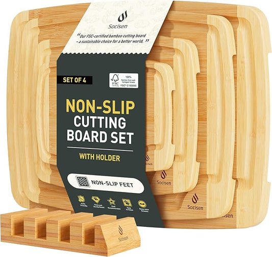 Bamboo Cutting Board Set Non Slip Feet with Holder Over Sink Men Birthday Christmas Valentines Father Day Gifts Ideal from Wife Romantic Anniversary Best Cool Gadget Awesome Who Have Everything by Socisen