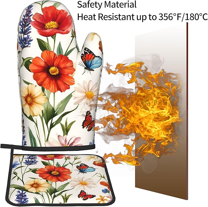 Cute Oven Mitts and Pot Holders Sets Poppy Daisy Flowers Kitchen Gloves Lavender Butterfly Hot Pads 2 Pieces Set Spring Summer Floral Kitchen Decor and Accessories - Image 6