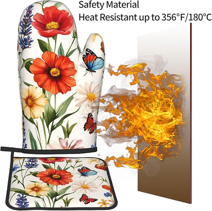 Cute Oven Mitts and Pot Holders Sets Poppy Daisy Flowers Kitchen Gloves Lavender Butterfly Hot Pads 2 Pieces Set Spring Summer Floral Kitchen Decor and Accessories - Image 6