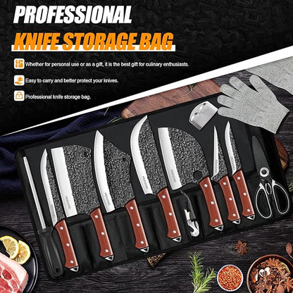 MDHAND Butcher Knife Set, 14PCS Hand Forged Professional Chef Knife Set with Roll Bag, Sharp Meat Cleaver Knife & Bone Chopper Knives & Fillet Knife for Home Kitchen & Camping BBQ, Gifts for Men Women