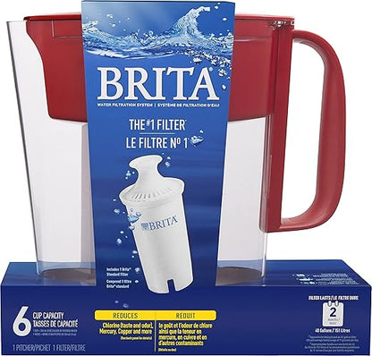Brita Water Filter Pitcher for Tap and Drinking Water with 1 Standard Filter, Lasts 2 Months, 6-Cup Capacity, BPA Free, Red