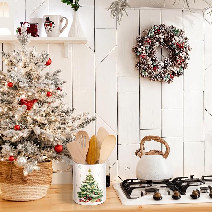 WILLBOND Christmas Tree Kitchen Decor Acrylic Kitchen Utensil Holder Crock Spoon Organizer for Countertop Table Decor Coffee Spoon Holder Jar for Cooking Tools