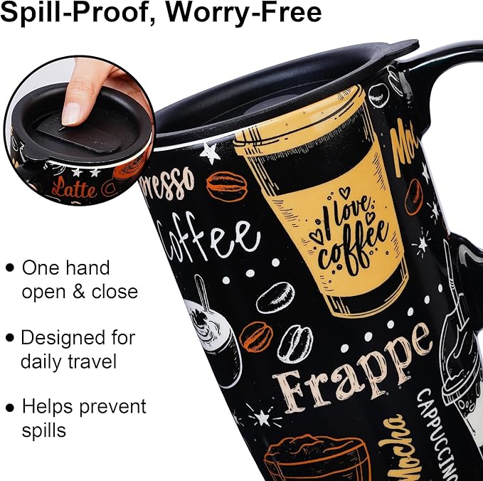 Topadorn Ceramic Travel Mug with Handle Coffee Mug Ceramic Latte Tea Mug, Color Boxed, 17 oz, Splash Resistant Lid - Travel Tea Mug for Car Cup Holder, Frappe
