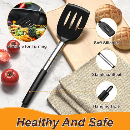 Yoehka Silicone Cooking Utensils Set for Nonstick Cookware, 4Pcs Heat Resistant Kitchen Silicone Spatula and Spoon Set with Stainless Steel Handle, Mixing, Flipping, Turning, Stirring, Black - Image 3