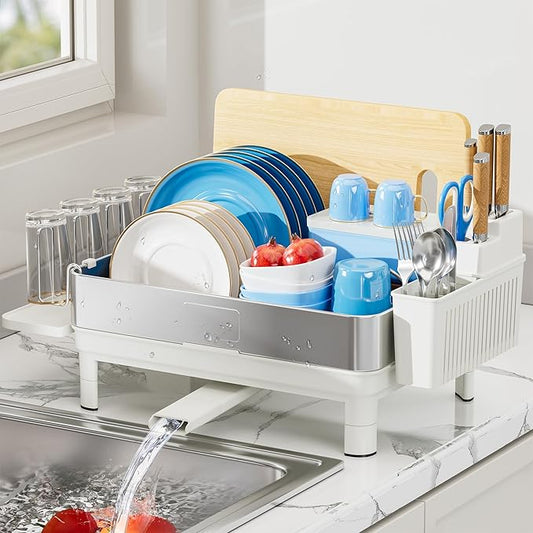 Ewaiira Dish Drying Rack, 304 Stainless Steel Dish Racks for Kitchen Counter, Dish Drainers with Automatic Drainage, Utensil Holder & Cups Holder, Space Saving Kitchen Organizer, White by EwaiiraHomeStorageOrganizer