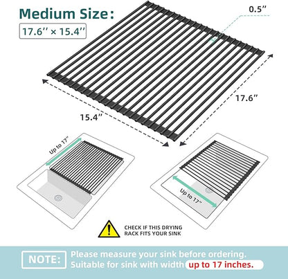 Ohuhu Over The Sink Dish Drainer Drying Rack, 17.6" W x 15.4" L Roll Up Dish Racks Kitchen Sink Organizer Silicone Wrapped Large in Sink Dish Drying Rack Foldable Rolling Drain Mats Anti-Slip - Image 9