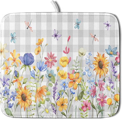 Giwawa Spring Floral Dish Drying Mat, Summer Flower Grey Buffalo Plaids Dish Drainer Mats, Wildflower Butterfly Check Reversible Drying Rack Pad Protector for Kitchen Countertop Decor, 16"x18"
