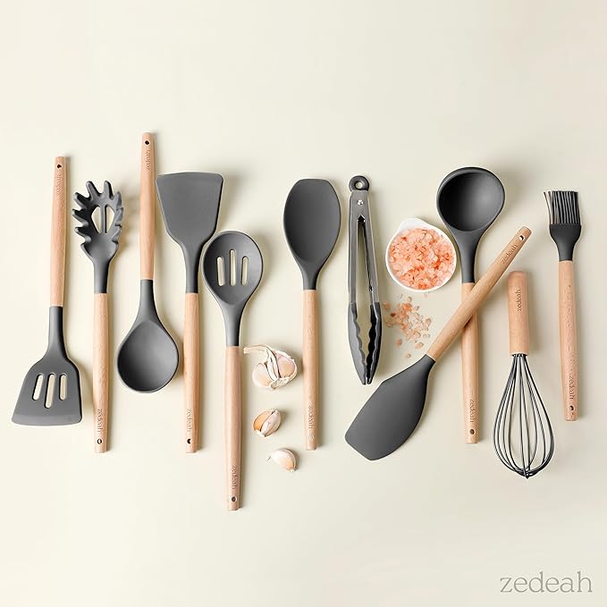 11-Piece Silicone Kitchen Utensils Set with Non Toxic Spatula, Tongs, Whisk, Turner & Ladle – Heat Resistant, Non-Scratch Cooking Tools with Wooden Handles, BPA-Free, Dishwasher Safe (Black) - Image 3