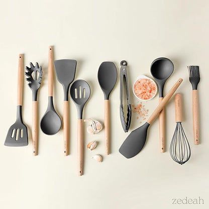 11-Piece Silicone Kitchen Utensils Set with Non Toxic Spatula, Tongs, Whisk, Turner & Ladle – Heat Resistant, Non-Scratch Cooking Tools with Wooden Handles, BPA-Free, Dishwasher Safe (Black) - Image 3