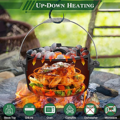 5QT Cast Iron Dutch Oven with Stainless Steel Scrubber, HaSteeL 2-In-1 Pre-seasoned Camping Pot, Heavy Duty Campfire Pot with Feet for Outdoor Stovetop Griddle Cooking Baking Roasting Stewing