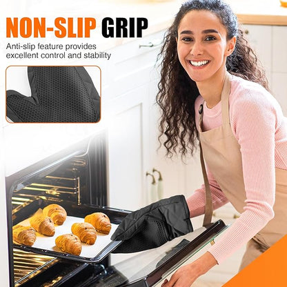 Silicone Oven Mitts, Heat Resistant 2PCS Oven Mitts with Soft Cotton Lining, Waterproof Non-Slip Grip Oven Glove, Kitchen Potholder Mits for BBQ, Baking, Cooking, 10.5Inch - Dark Black - Image 5