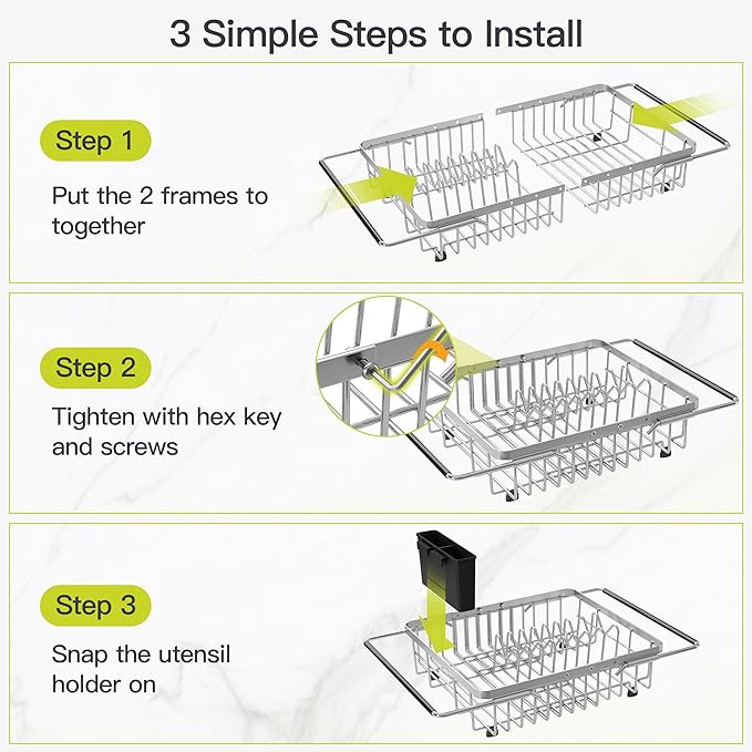 Expandable Stainless Steel Dish Drying Rack Over The Sink For Small Kitchen, Counter Space Saving Compact Metal Plate Drainer Strainer, Adjustable Hanging Inside Sink Rust Proof Wire Dryer Holder - Image 8