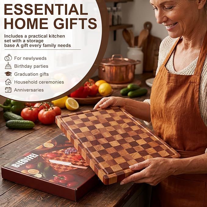 Checkered Cutting Board with Stand, Dual-Sided Wood Cutting Board with Juice Groove, 16.5x11.6 Inch Butcher Block Serving Tray, Chopping Board for Kitchen Gifts