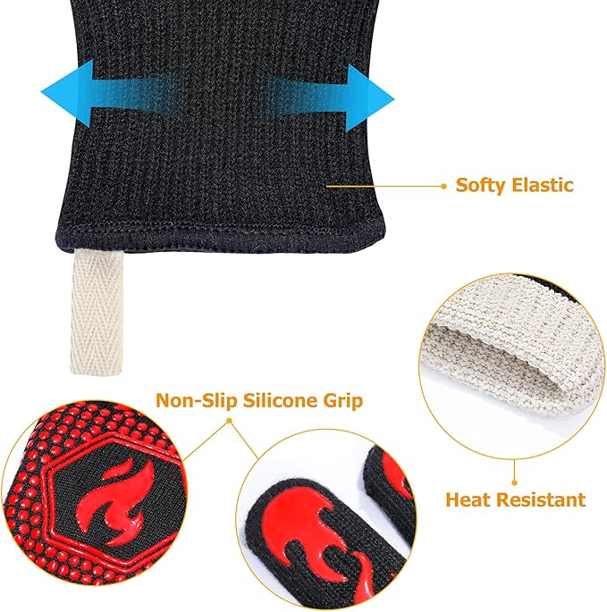 QUWIN BBQ Gloves, Oven Gloves 1472℉ Extreme Heat Resistant, Grilling Gloves Silicone Non-Slip Oven Mitts, Kitchen Gloves for BBQ, Grilling, Cooking, Baking-1 Pair… (One Size(Long Cuff), Red) - Image 6