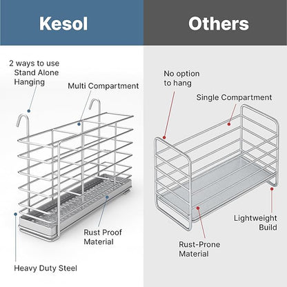 KESOL 304 Stainless Steel Utensil Drying Rack with Hooks & 3 Divided Compartments, Silverware Drying Basket, Spoon and Fork Organizer, Rustproof Kitchen Drainage Basket Accessories, Silver, 2x8.7x5 - Image 7