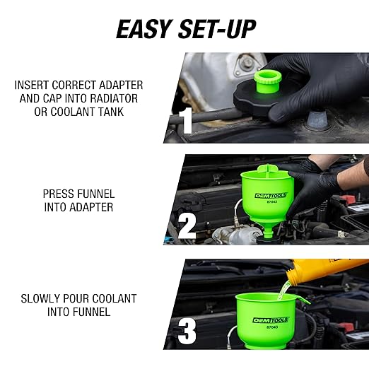OEMTOOLS 87043 No-Spill Professional Quality Coolant Funnel Kit, Easily Fill Antifreeze Coolant Set Includes 5 Adapters, Extensions, and Automotive Funnel, Air Venting, Drip-Free, Green - Image 8