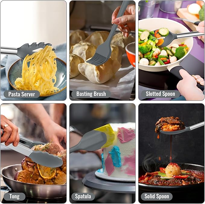 E-far 14 Pieces Silicone Cooking Utensils Set, Kitchen Utensils Set with Holder, Spatula, Ladle, Spoon, Tong, Slotted Turner for Nonstick Cookware, 446°F Heat Resistant & Stainless Steel Handle, Gray - Image 6
