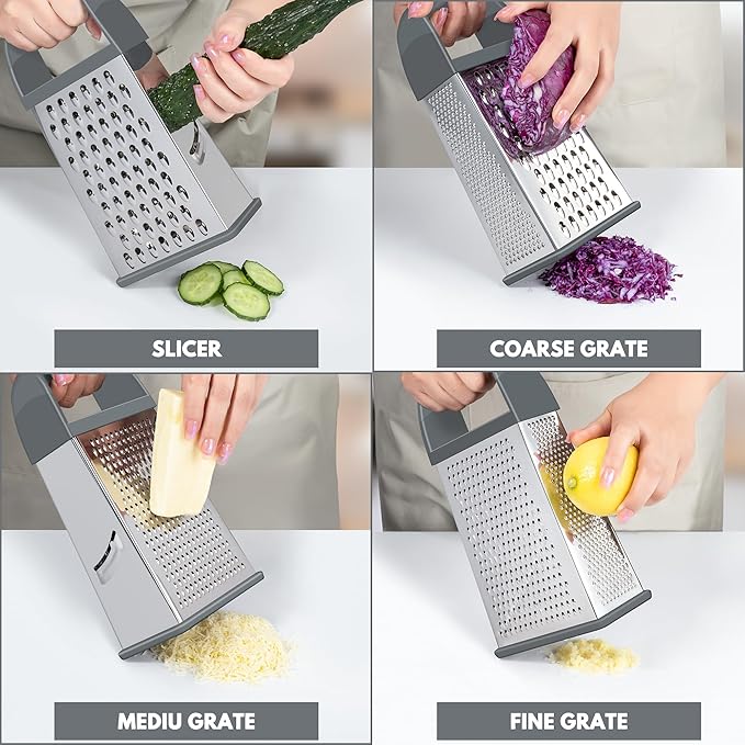 Urbanstrive Cheese Grater With Container, Professional Cheese Grater with Handle, Stainless Steel Graters for Kitchen Handheld, Box Grater with 4 Sides for Vegetables, Ginger, Potatoes (Grey) - Image 3
