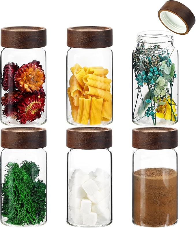 8oz Airtight Glass Jars Small Spice Storage Canister with Wooden Lid Clear Glass Food Container Canning Jar for Cookies Overnight Oats Yogurt Pantry Sugar Tea Coffee Bath Salts (6×250ml(8.4oz)) by Patoper