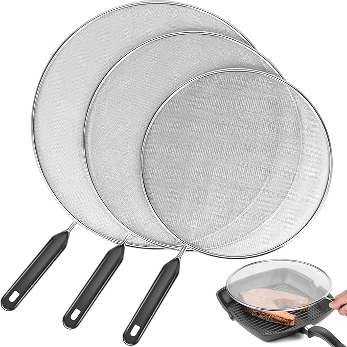 3 Pcs Splatter Guard with Handle Stainless Steel Mesh Splatter Screen Splash-Proof Oil Splatter Guard Temperature Resistant Splatter Screen Strainer Drain Board 9.8 in+11.4 in+13 in for Frying Cooking