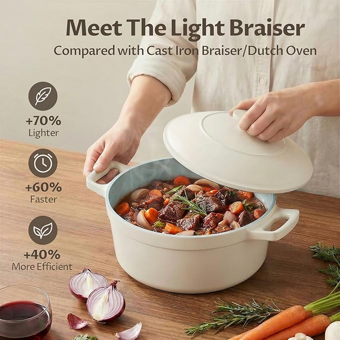 BEZIA 5.7 Quart Nonstick Ceramic Soup Stock Pot with Lid for Family Cooking, Induction Cooking Pot with Smart-Vent Braising, Easy Cleanup, Perfect for Side Dishes, Daily Meals & Camping