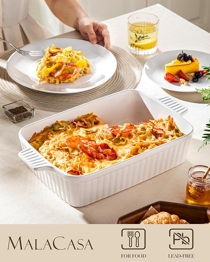 MALACASA 4.4 QT Baking Dish, 9x13 Large Casserole Dish for Oven, Ceramic Baking Pan, Rectangular Lasagna Pan Deep with Handles for Baking, Durable Microwave Oven Safe, Wedding Gift,White, Series BAKE-BAKE - Image 3