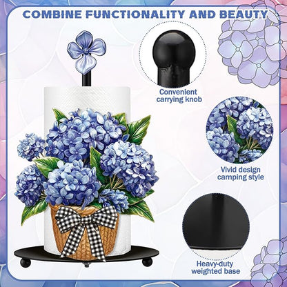 Thyle Blue Hydrangea Paper Towel Holder Summer Hydrangea Kitchen Decor Metal Flowers Paper Towel Holder Stand with Round Base for Summer Kitchen Bathroom Countertop Toilet Accessories
