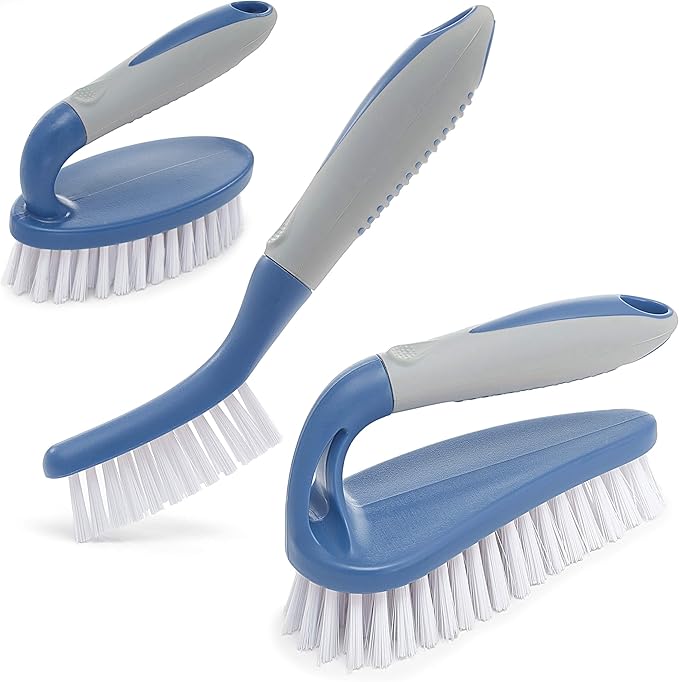 Scrub Brush Set of 3pcs - Cleaning Shower Scrubber with Ergonomic Handle and Durable Bristles - Grout Cleaner Brush - Scrub Brushes for Cleaning Bathroom/Shower/Tile/Kitchen/Floor/Bathtub/Carpet, Blue by TrazonProducts