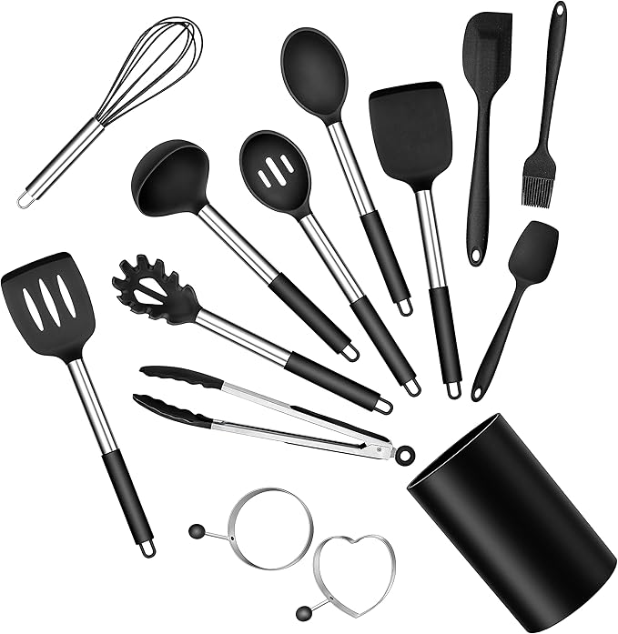 Silicone Cooking Utensils Set, E-far 14-Piece Black Kitchen Utensils Set with Holder, Kitchen Tools Spatulas with Stainless Steel Handle for Non-stick Cookware, Heat Resistant & Dishwasher safe by E-far