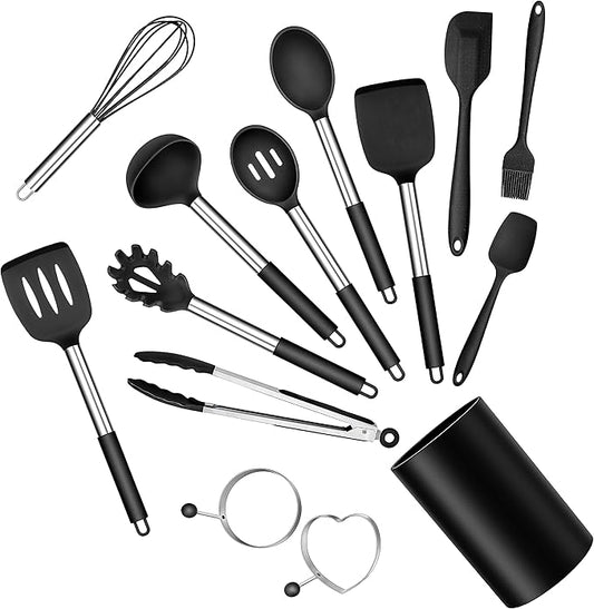 Silicone Cooking Utensils Set, E-far 14-Piece Black Kitchen Utensils Set with Holder, Kitchen Tools Spatulas with Stainless Steel Handle for Non-stick Cookware, Heat Resistant & Dishwasher safe by E-far