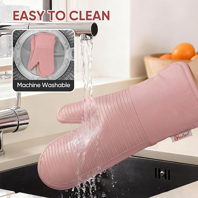 YUTAT Silicone Oven Mitts,High Heat Resistant Up to 500 Degrees,Waterproof Cooking Gloves with Soft Polyester Filling,Kitchen Potholder Set - Perfect for BBQ,Baking and Cooking,Pink,2 Pcs Set - Image 6