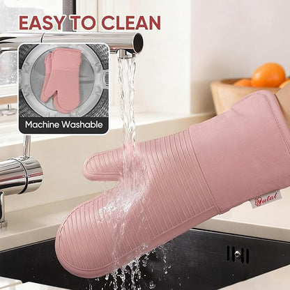 YUTAT Silicone Oven Mitts,High Heat Resistant Up to 500 Degrees,Waterproof Cooking Gloves with Soft Polyester Filling,Kitchen Potholder Set - Perfect for BBQ,Baking and Cooking,Pink,2 Pcs Set - Image 6