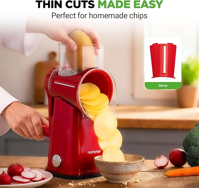 NutriChef 5 in 1 Cheese Grater & Shredder | 5 Different Blades for Thin, Thick, Julienne Strips, Wavy, & Straight Strips | Includes Hand Crank, Strong Suction Base & Storage Container | Red - Image 6