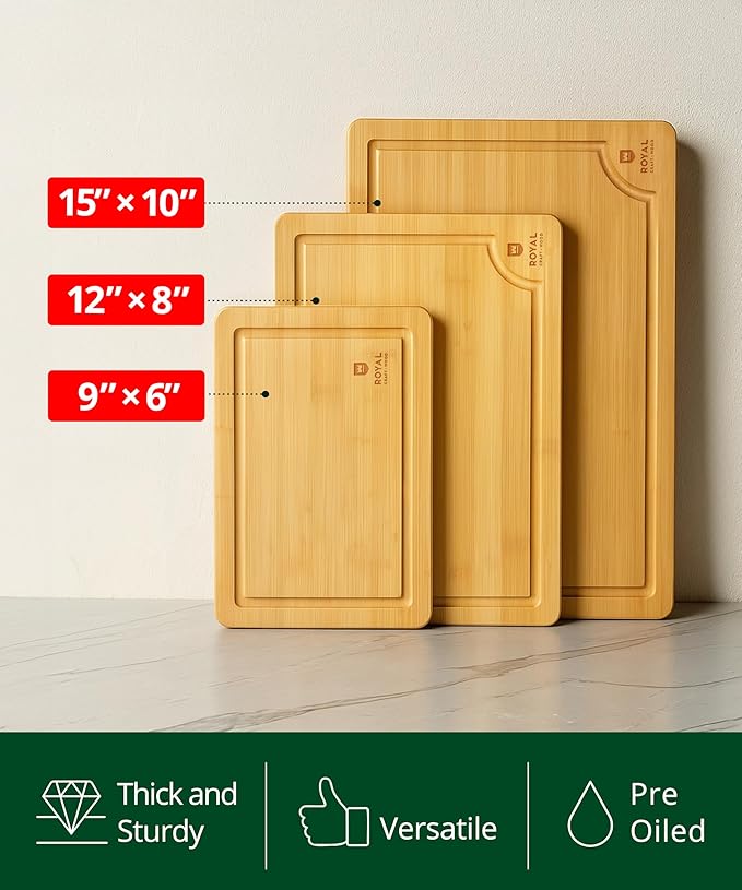 ROYAL CRAFT WOOD Wooden Cutting Boards for Kitchen Meal Prep & Serving - Bamboo Wood Serving Board Set with Deep Juice Groove Side Handles - Charcuterie & Chopping Butcher Block for Meat - Image 6