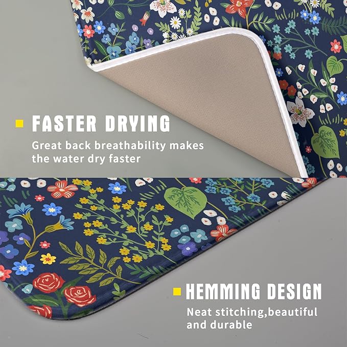 Flower Floral Dish Drying Mat Microfiber Navy Blue Absorbent Drying Pad for Kitchen Counter Small - Image 3