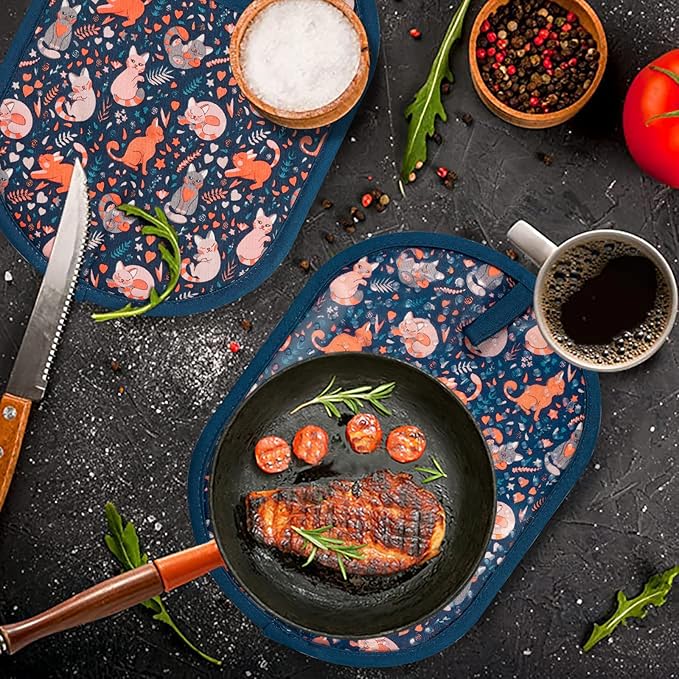 Pot Holders Set of 2 with Transparent Clear Silicone Shell and Nice Cat Flower Cotton Lining, Heat Resistant to 500 F Kitchen Oven Gloves Pot Holder for Cooking (Navy, Cat, Potholders) - Image 4
