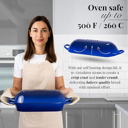 Enamelled Cast Iron Bread Loaf Pot – Dutch Oven For Sourdough Bread Baking – Oven Safe Non Stick Bread Pot – Rectangular, Dark Blue, 34cm x 16cm – by Nuovva