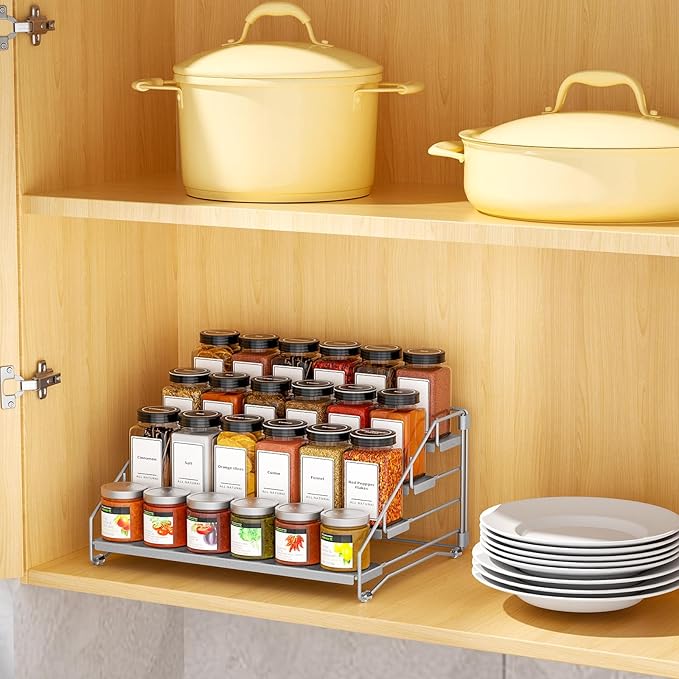 BOIVSHI 4 Tier Spice Rack for Cabinet, Spice Rack Organizer, Depth Adjustable Spice Organizer for Countertop, Cupboard, Pantry, Seasoning Shelf, Metal, Gray (1 Pack) - Image 2