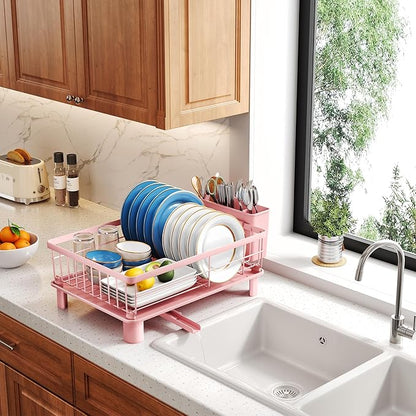 SNTD Dish Drying Rack - Small Dish Rack for Kitchen Counter, Stainless Steel Dish Drainer with Utensil Holder and Drainboard, 11" W x 15" L (Pink) - Image 9