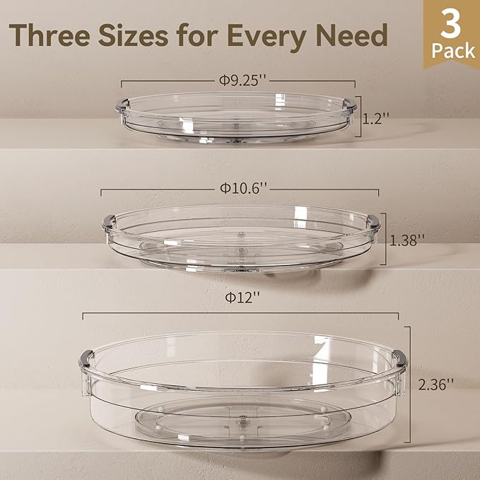 LAMU 3 Pack Lazy Susan Organizer Turntable for Cabinet, Pantry Organizers and Storage, Rotating Condiment Organizer for Kitchen, Table Top, Fridge, Countertop, Spice Organization, 9.25'' 10.6'' 12'' - Image 6
