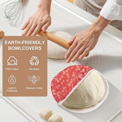 Reusable Bowl Covers for Bread Proofing - Beeswax Bowl Covers Reusable 3 Set, Cotton Blend Stretch Design, Fits 4-13 Inch Bowls, Shower Caps for Sourdough Bread, Dough Proofing & Food Storage（Leaves）