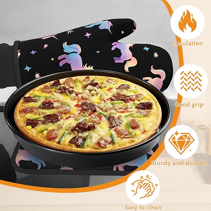 Cute Unicorn Pattern Oven Mitts and Pot Holders Set,Pink Kitchen Decor Heat Resistant Non Slip Hot Pads and Oven Mitt for Chef Cooking Baking BBQ Mom Girl Gifts(4 Piece Set)