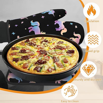 Cute Unicorn Pattern Oven Mitts and Pot Holders Set,Pink Kitchen Decor Heat Resistant Non Slip Hot Pads and Oven Mitt for Chef Cooking Baking BBQ Mom Girl Gifts(4 Piece Set)