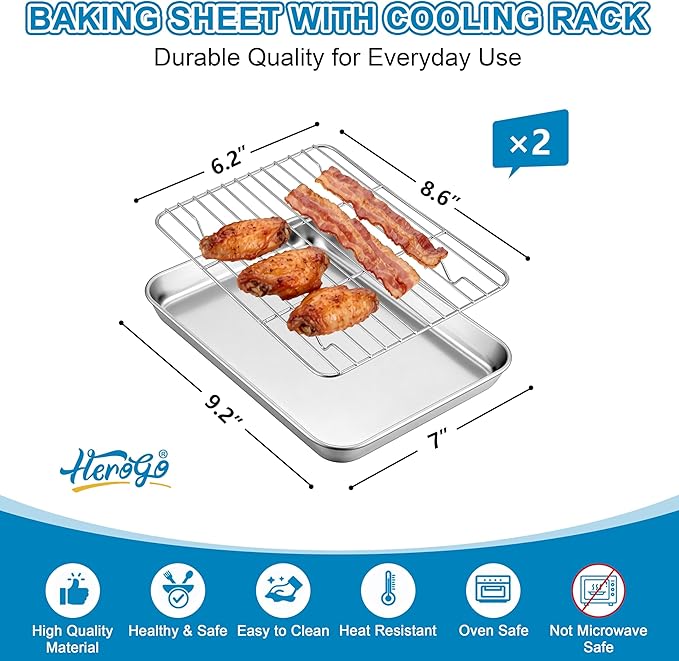 Herogo Baking Sheet with Wire Rack Set(2 Pans + 2 Racks), 9.2'' x 7'' x 1'' Stainless Steel Cookie Sheet Bakeware Set for Oven, Non Toxic & Heavy Duty & Easy Clean- Small