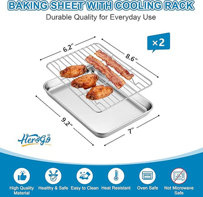Herogo Baking Sheet with Wire Rack Set(2 Pans + 2 Racks), 9.2'' x 7'' x 1'' Stainless Steel Cookie Sheet Bakeware Set for Oven, Non Toxic & Heavy Duty & Easy Clean- Small