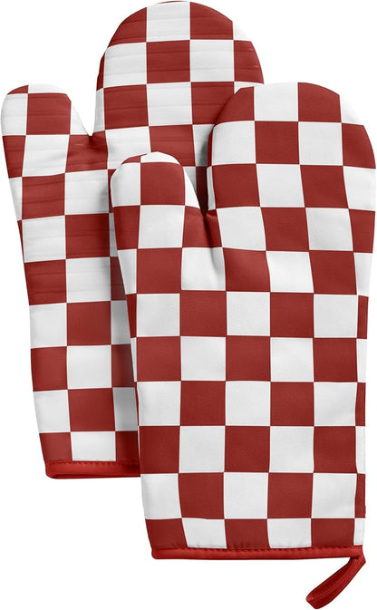 Ohocut Red Checkered Oven Mitts Heat Resistant, Vintage Retro Checkerboard Cute Oven Mitts, Non-Slip Silicone Kitchen Oven Gloves, 2-Pack Set, 7''x13''