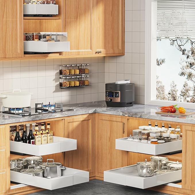 Seinloes 4 Pack Expandable Width (9"-14.1") Pull Out Cabinet Organizer 21" Deep with Raising Pad for Framed Cabinets, Upgrade 3 Slide Rails Slide Out Drawers, Roll Out Shelves Adhesive, White - Image 6