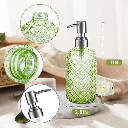 14 Oz Refillable Glass Soap Dispenser with Rust Proof Stainless Steel Pump, for Dispense Hand soap, Body wash, Lotion 2pack (Green)